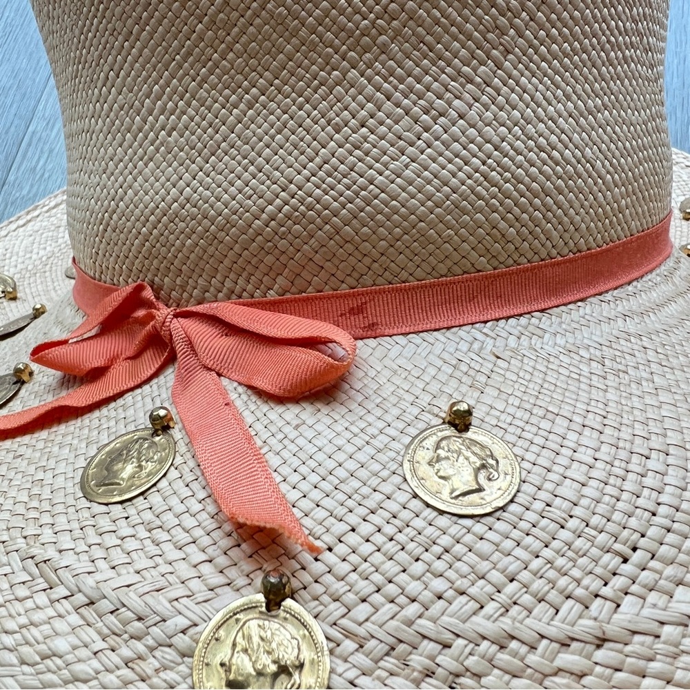 VINTAGE 60s Therese Ahrens Ecuador Straw Sun Hat Gold Coin Statement - Picture 13 of 14